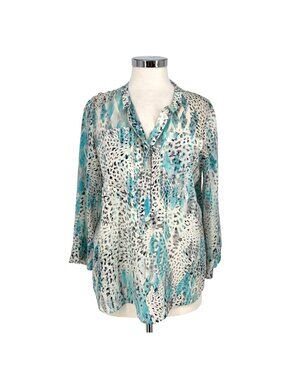 Rebecca Taylor Animal Print Silk Blouse Aqua Blue White Size 10